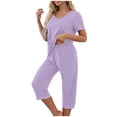thumbnail image 1 of Pajamas Sets for Women Summer V Neck Fashion Sleepwear Shirts Elastic Waist Comfy Capris Pants Lightweight Loose Soft Lounge Set, 1 of 5