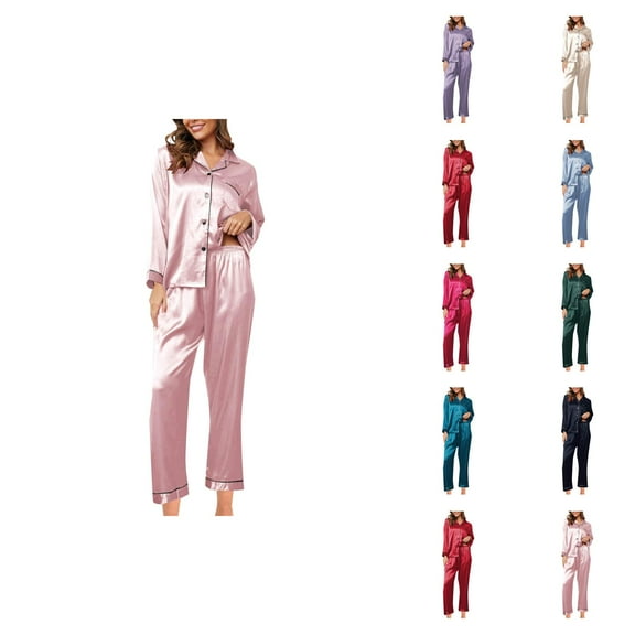 Pajamas – Summer Shorts Set for Women Women's Fashionable Pajama Set Silk Pajamas 2 Piece Satin Pajama Set Long Sleeve Button Down Casual Suit With Pants