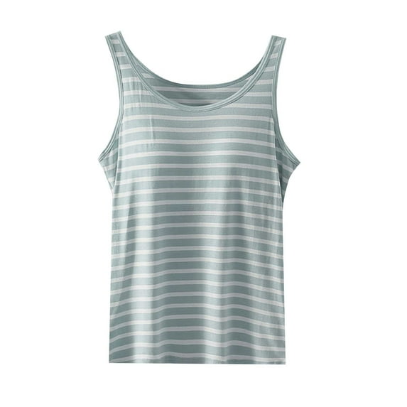 Pajamas Tank for Women Sleeveless Striped Crewneck Pj Tanks V Neck Wide Strap Lounge Top with Built in Bra
