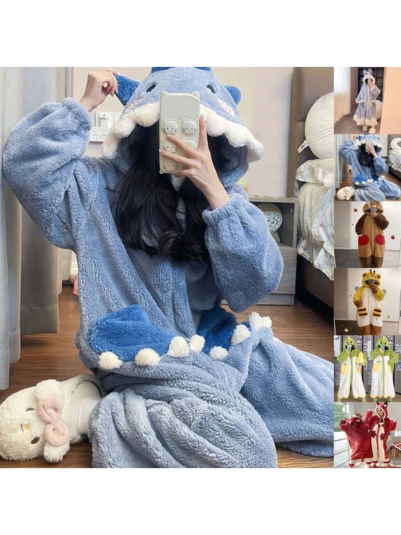 Pajamas for Women Animal Themed Plush Pjs Hooded Coral Onesie Sleepwear Cute Bee//Shark/Bunny//Dino Loungewear Wearable Blanket Pjs (Blue Shark S)