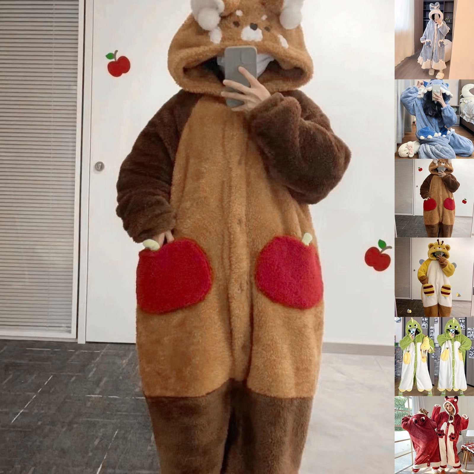 Pajamas for Women Animal Themed Plush Pjs Hooded Coral Onesie Sleepwear ...