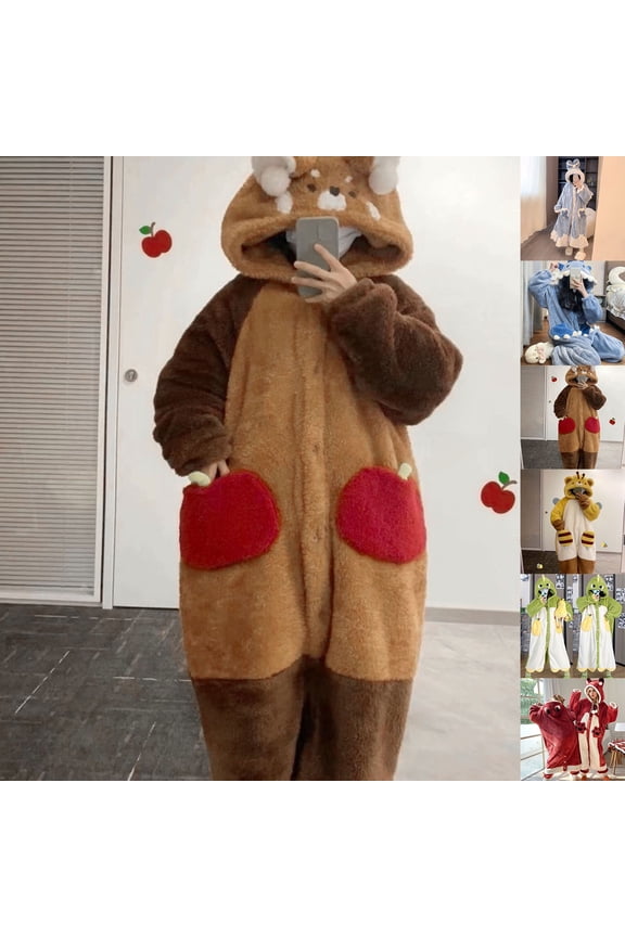 Pajamas for Women Animal Themed Plush Pjs Hooded Coral Onesie Sleepwear Cute Bee//Shark/Bunny//Dino Loungewear Wearable Blanket Pjs (Brown S)