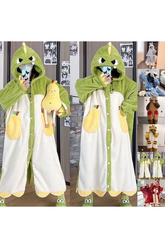 Pajamas for Women Animal Themed Plush Pjs Hooded Coral Onesie Sleepwear Cute Bee//Shark/Bunny//Dino Loungewear Wearable Blanket Pjs (Green Dino XL)