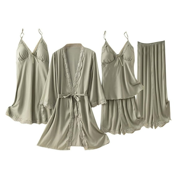 Pajamas for Women Cozy Pjs for Women Set Lightweight Pajamas for Women Women's Five Piece Set with Breast Pads Love Rrint Ice Silk Nightgown Nightdress Home Clothes Pajama Set