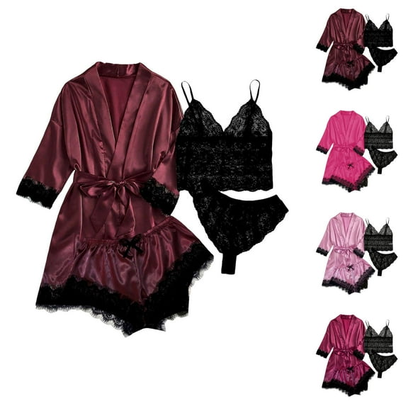 Pajamas for Women – Cute Cotton Loungewear Shorts Silk Pajamas For Women Set 4 Piece Satin Sleepwear Classic Button Down Short Sleeve Pj Set Cute Loungewear