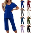 thumbnail image 1 of Pajamas for Women Fashion Casual Patchwork Short Sleeve V-Neck Tops Boho Beach Plus Size High Waisted Wide Leg Capris Loose Solid Color Two Piece Summer Sets, 1 of 8