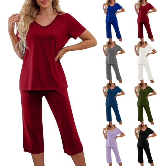 Pajamas for Women Fashion Casual Patchwork Short Sleeve V-Neck Tops Boho Beach Plus Size High Waisted Wide Leg Capris Loose Solid Color Two Piece Summer Sets