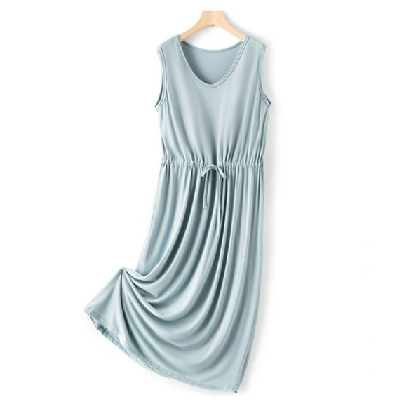 Pajamas For Women Hxshgdsn Women's Sleeveless Nightgown Skirt，V-Neck Solid Color With Chest Cushion, Drawstring Loose Comfortable Mid-Length Light Blue Xl