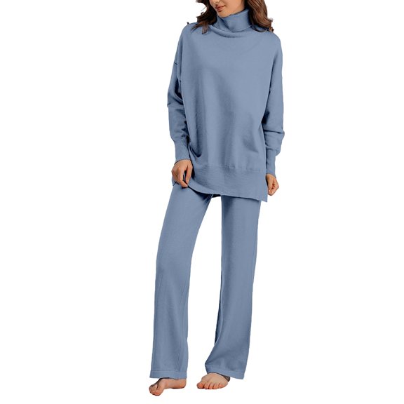 Pajamas for Women Set 2 Piece Autumn Winter Solid Color Long Sleeve Turtleneck Knit Sweater Wide Leg Pants Loose Version Of Casual Home Wear Sets Womens Pajama