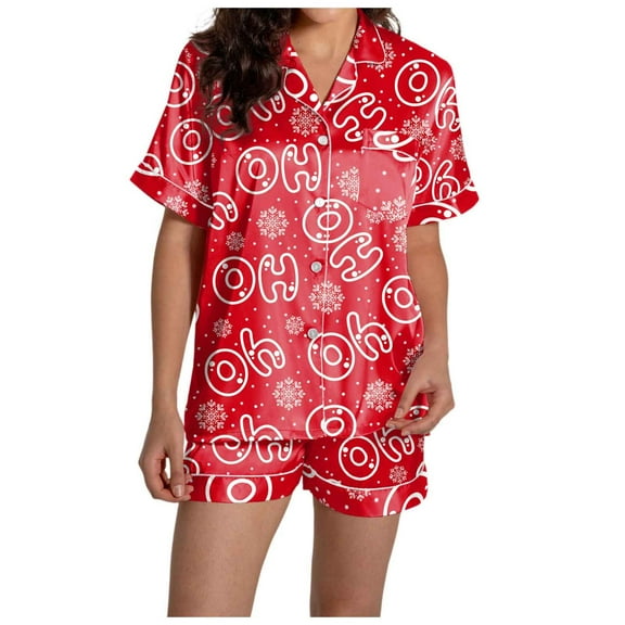 Pajamas for Women Set – 2 Piece Sets That Balance Style with Everyday Comfort Women's Casual Christmas Print Pajama Set Silk Satin Short Sleeve Button Up Top And Shorts Set