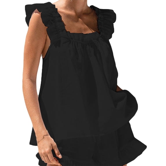 Pajamas For Women Set, 2-Piece Shorts Set - Ruffle Strap Tank Top & Elastic Waist Wide Leg Shorts Pajama Set Cotton Pajamas For Women SetBlack, Size S-XL