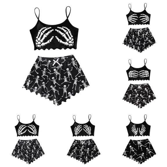 Pajamas for Women Set 2 Pieces Halloween Skeleton Hand Printed Spaghetti Straps Sleeveless Tank Top Shorts Lounge Set Elastic Waist Stretchy Casual Comfortable Pajama Sets Black1 L