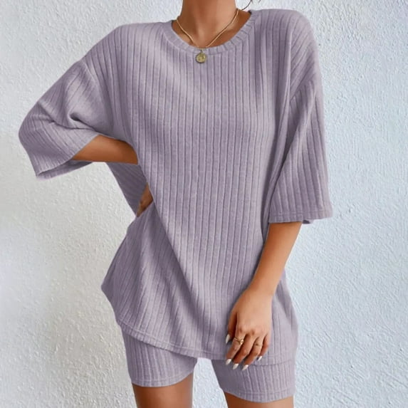Pajamas For Women Set, 2 Sets Ribbed Knit Pajamas - Matching T-Shirt & Biker Shorts Sleepwear Sweatsuits Cotton Pajamas For Women SetPurple, Size S-XL