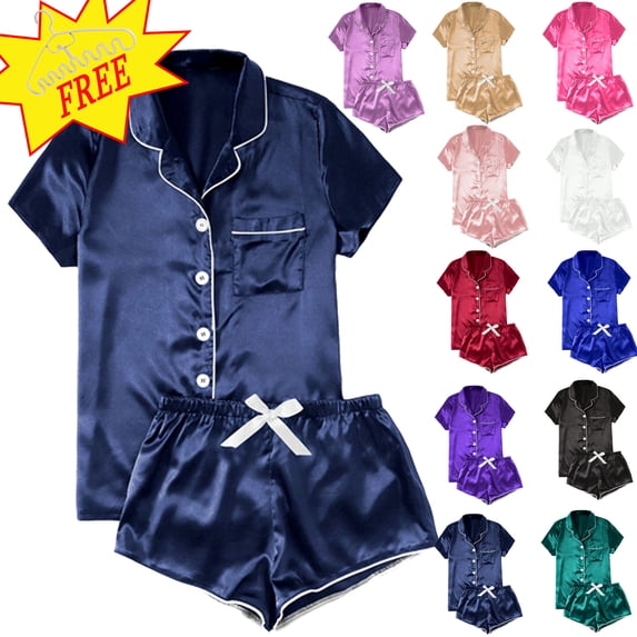 Pajamas for Women Set 3 Piece Silk Satin Pajama Set for Women 2 Piece Lounge Pjs Shorts Matching Summer Sleepwear Button Down Shirt Shorts Dark Blue L