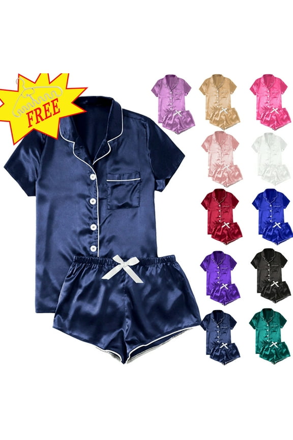Pajamas for Women Set 3 Piece Silk Satin Pajama Set for Women 2 Piece Lounge Pjs Shorts Matching Summer Sleepwear Button Down Shirt Shorts Dark Blue L