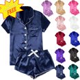 thumbnail image 1 of Pajamas for Women Set 3 Piece Silk Satin Pajama Set for Women 2 Piece Lounge Pjs Shorts Matching Summer Sleepwear Button Down Shirt Shorts Dark Blue XS, 1 of 4