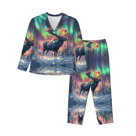 Pajamas for Women Set - Aurora Mystical Winter Moose Comfy Long Sleeve Button Up Pajama Sets for Women 2 Piece, Soft Sleepwear Nightwear Pjs Lounge Sets for Women with Pockets