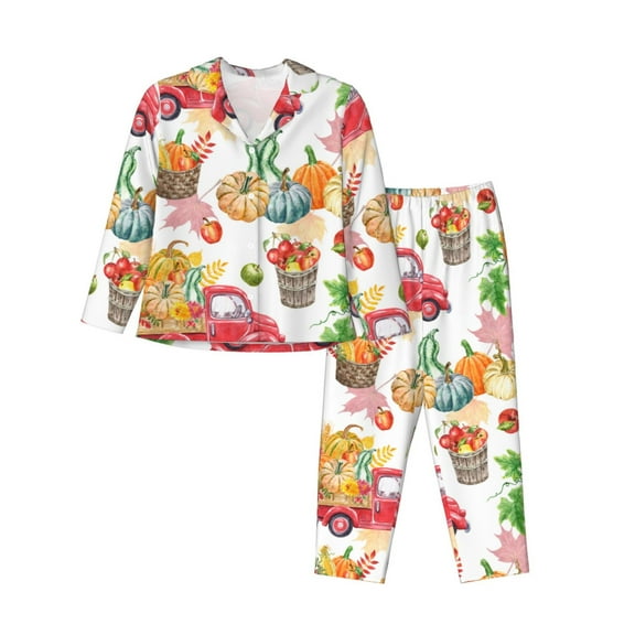 Pajamas for Women Set - Autumn Harvest Truck Comfy Long Sleeve Button Up Pajama Sets for Women 2 Piece, Soft Sleepwear Nightwear Pjs Lounge Sets for Women with Pockets