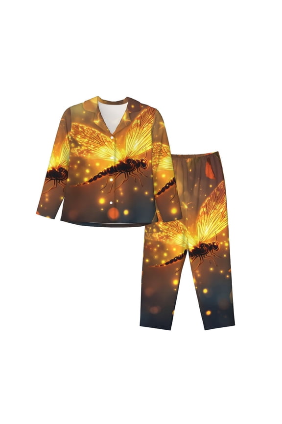 Pajamas for Women Set - Autumn glowing dragonfly Comfy Long Sleeve Button Up Pajama Sets for Women 2 Piece, Soft Sleepwear Nightwear Pjs Lounge Sets for Women with Pockets