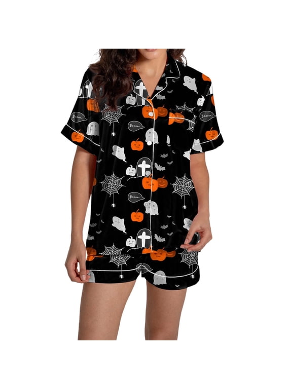 Pajamas for Women Set BWASD 2 Packs Halloween Satin Pajama Set Short Sleeve Button Top & Shorts Holiday Party Cute Print Sleepwear Casual Fashion Loungewear Daily ,S