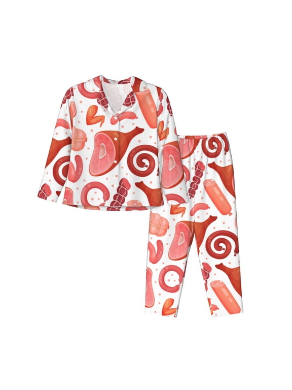 Pajamas for Women Set - Bacon Ham print Comfy Long Sleeve Button Up Pajama Sets for Women 2 Piece, Soft Sleepwear Nightwear Pjs Lounge Sets for Women with Pockets