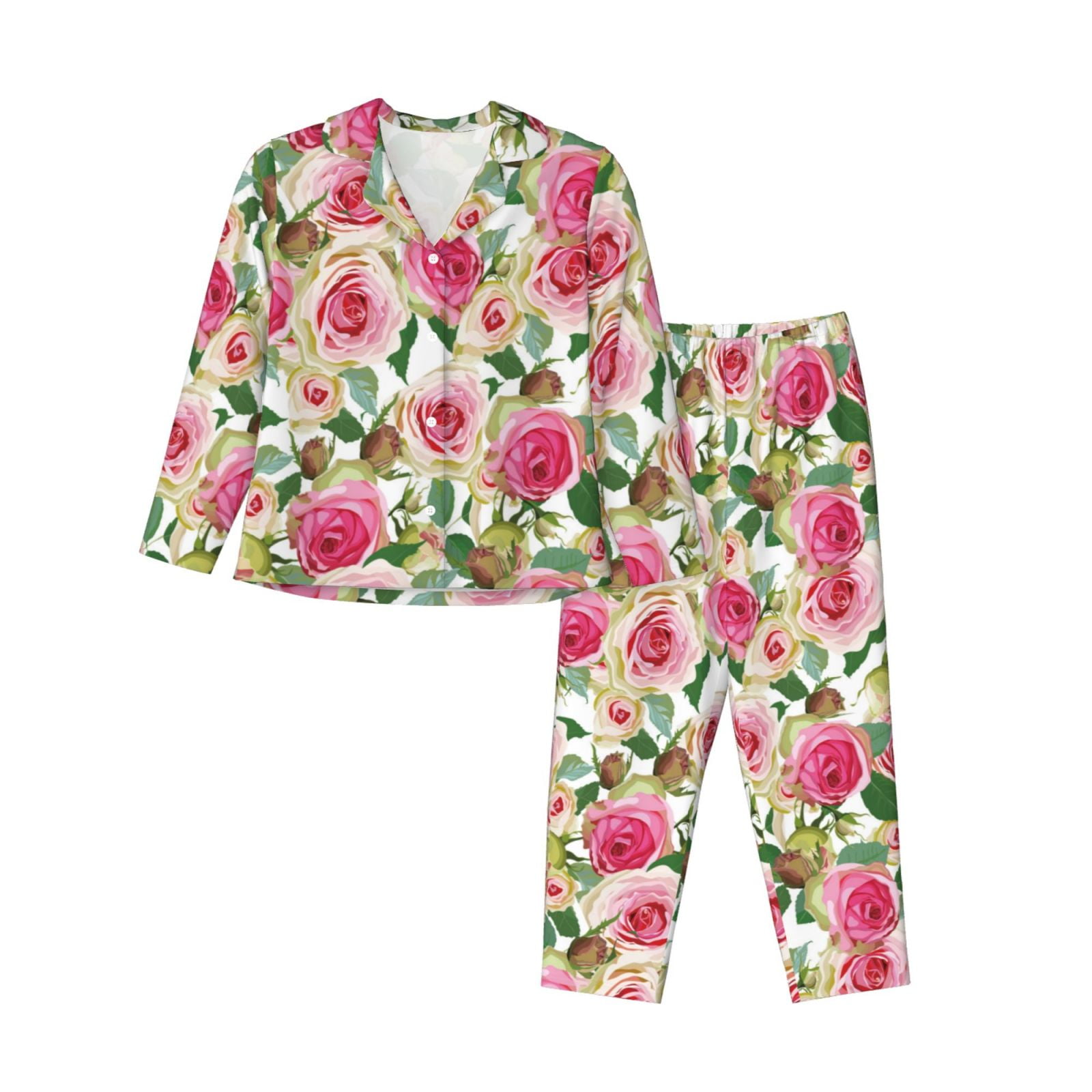 Pajamas for Women Set Beautiful Rose Flowers Soft Comfy Long Sleeve Button Up Pajama Sets for Women 2 Piece Sleepwear Nightwear Pjs Lounge Sets for