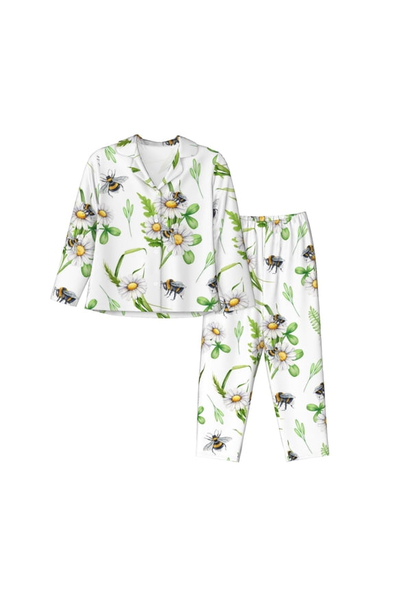 Pajamas for Women Set - Bee bumblebee daisy flower cute Comfy Long Sleeve Button Up Pajama Sets for Women 2 Piece, Soft Sleepwear Nightwear Pjs Lounge Sets for Women with Pockets