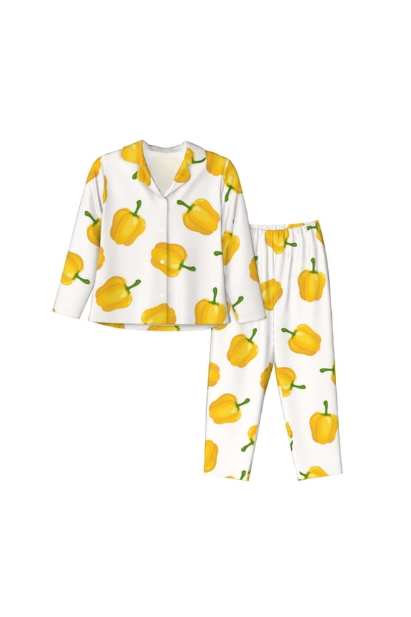 Pajamas for Women Set - Bell Pepper Pattern Comfy Long Sleeve Button Up Pajama Sets for Women 2 Piece, Soft Sleepwear Nightwear Pjs Lounge Sets for Women with Pockets
