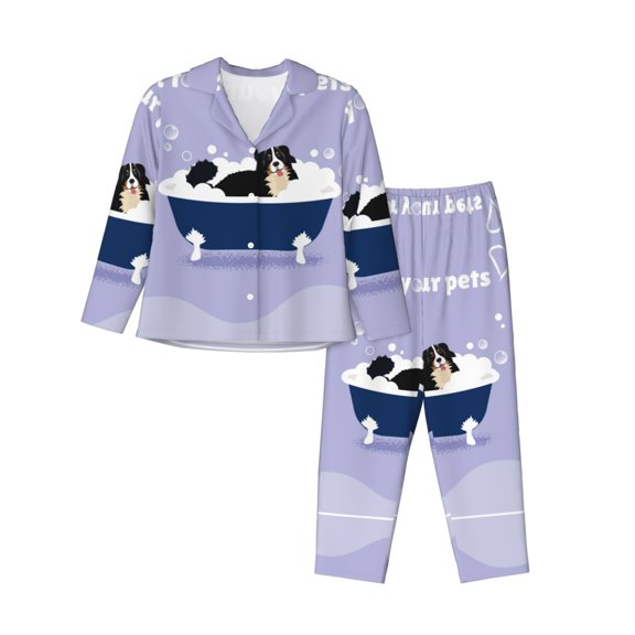 Pajamas for Women Set - Bernese Mountain Dog Sitting Bath Tub Comfy Long Sleeve Button Up Pajama Sets for Women 2 Piece, Soft Sleepwear Nightwear Pjs Lounge Sets for Women with Pockets