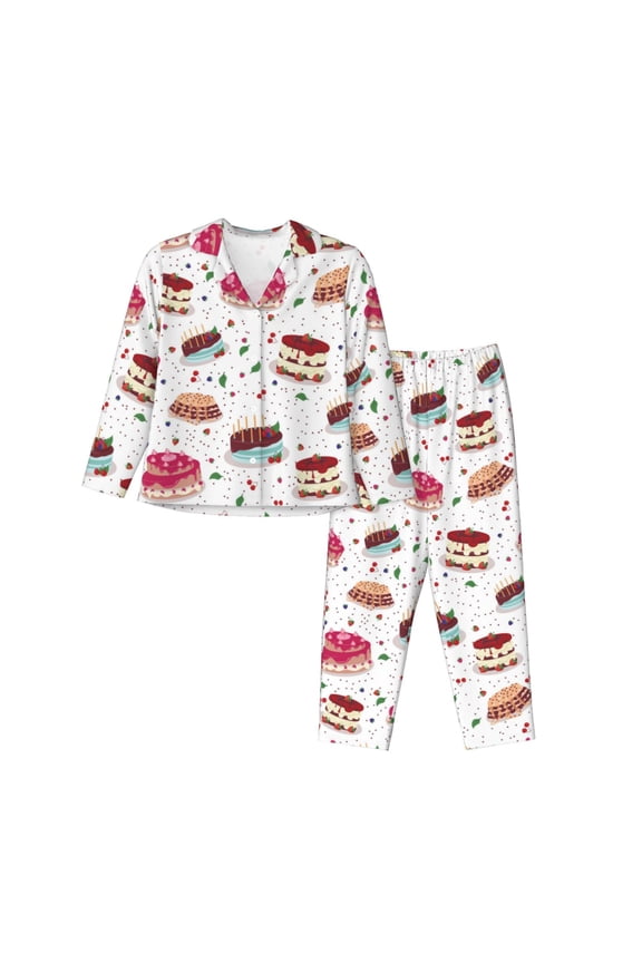Pajamas for Women Set - Birthday Cake Comfy Long Sleeve Button Up Pajama Sets for Women 2 Piece, Soft Sleepwear Nightwear Pjs Lounge Sets for Women with Pockets