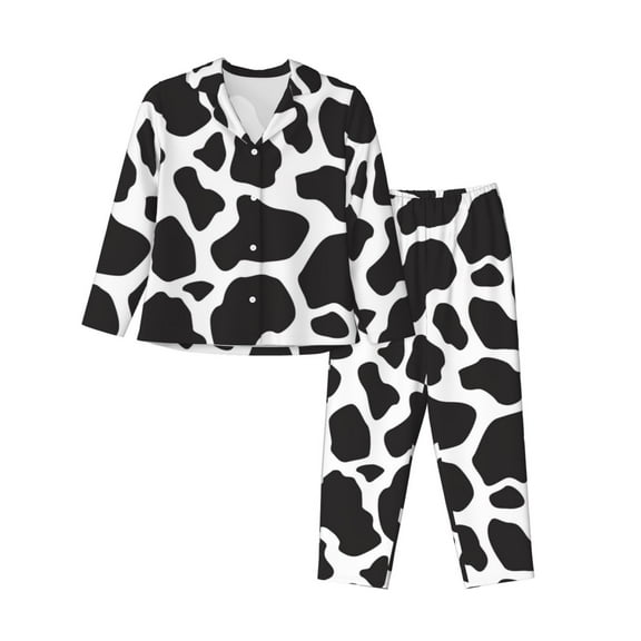 Pajamas for Women Set - Black White Cow Print pattern Comfy Long Sleeve Button Up Pajama Sets for Women 2 Piece, Soft Sleepwear Nightwear Pjs Lounge Sets for Women with Pockets