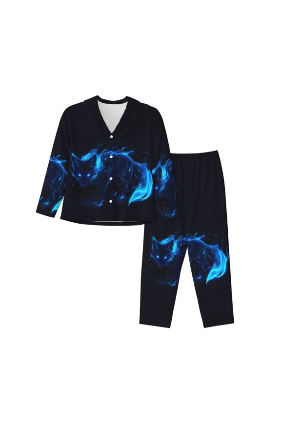 Pajamas for Women Set - Blue Flames Black Fox Comfy Long Sleeve Button Up Pajama Sets for Women 2 Piece, Soft Sleepwear Nightwear Pjs Lounge Sets for Women with Pockets
