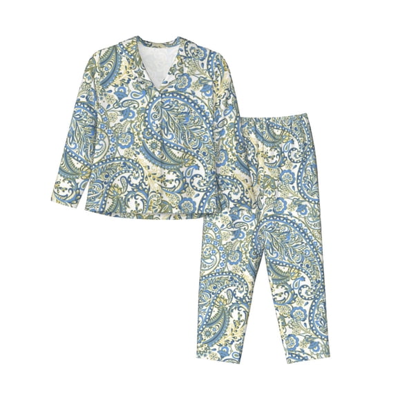 Pajamas for Women Set - Blue Green Paisley Comfy Long Sleeve Button Up Pajama Sets for Women 2 Piece, Soft Sleepwear Nightwear Pjs Lounge Sets for Women with Pockets