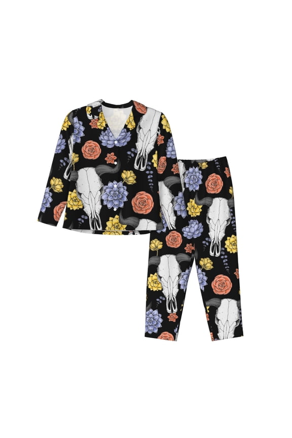 Pajamas for Women Set - Buffalo Skull flowers Exotic Comfy Long Sleeve Button Up Pajama Sets for Women 2 Piece, Soft Sleepwear Nightwear Pjs Lounge Sets for Women with Pockets
