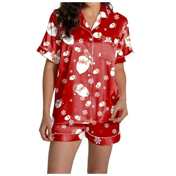 Pajamas for Women Set – Button Up Pajama Tops with Matching Bottoms for Weekend Comfort or Travel Ease Women's Casual Christmas Print Pajama Set Silk Satin Short Sleeve Button Up Top And Shorts Set