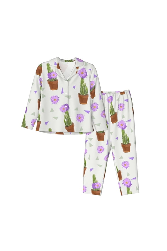 Pajamas for Women Set - Cactus blooming purple Comfy Long Sleeve Button Up Pajama Sets for Women 2 Piece, Soft Sleepwear Nightwear Pjs Lounge Sets for Women with Pockets