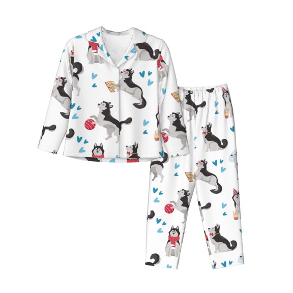 Pajamas for Women Set - Cartoon Cute Husky Dog Funny Comfy Long Sleeve Button Up Pajama Sets for Women 2 Piece, Soft Sleepwear Nightwear Pjs Lounge Sets for Women with Pockets