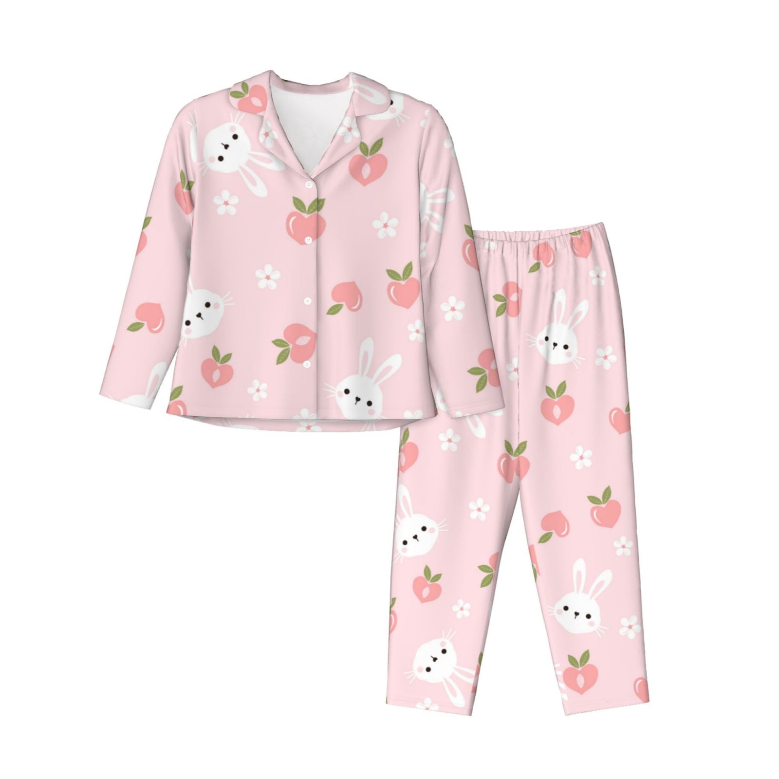 Pink Rabbit Comfy Pajamas for Women Set - Cartoon Cute Rabbit Flower Pink Soft Comfy Long ...