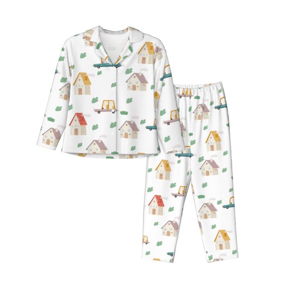 Pajamas for Women Set - Cartoon house Comfy Long Sleeve Button Up Pajama Sets for Women 2 Piece, Soft Sleepwear Nightwear Pjs Lounge Sets for Women with Pockets