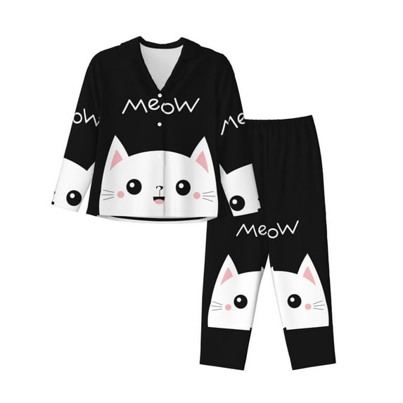Pajamas for Women Set - Cat Meow Comfy Long Sleeve Button Up Pajama Sets for Women 2 Piece, Soft Sleepwear Nightwear Pjs Lounge Sets for Women with Pockets
