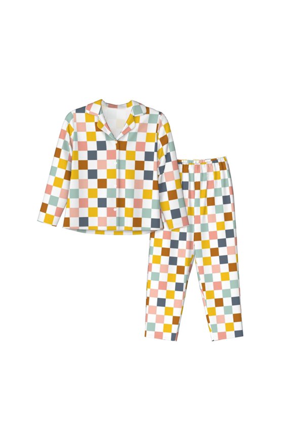 Pajamas for Women Set - Colorful Checkered 1 Comfy Long Sleeve Button Up Pajama Sets for Women 2 Piece, Soft Sleepwear Nightwear Pjs Lounge Sets for Women with Pockets
