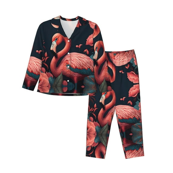 Pajamas for Women Set - Colorful Floral Flamingo Comfy Long Sleeve Button Up Pajama Sets for Women 2 Piece, Soft Sleepwear Nightwear Pjs Lounge Sets for Women with Pockets