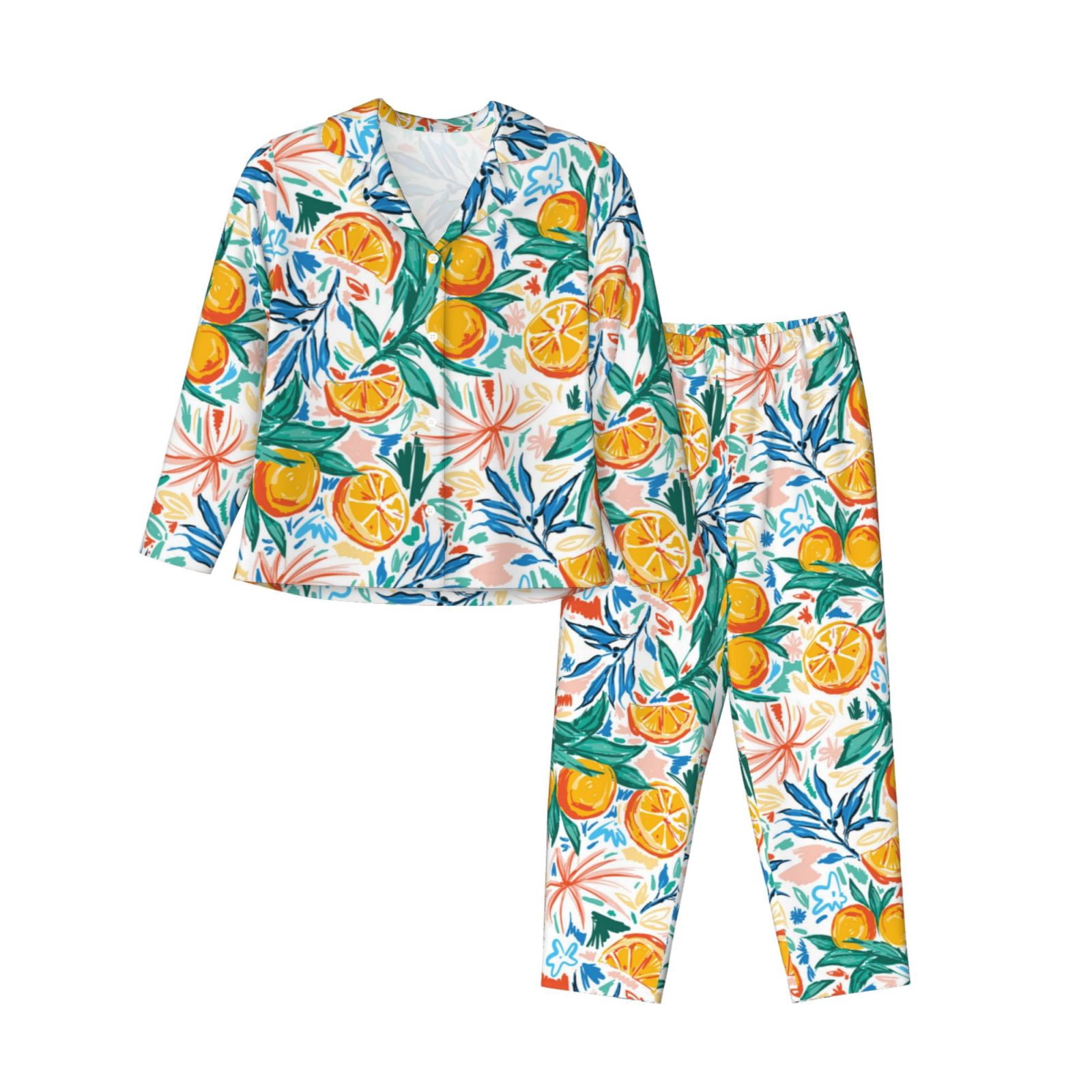 Pyjamas Colorful Pajamas for Women Set - Colorful Fruits Soft Comfy Long Sleeve Button ...