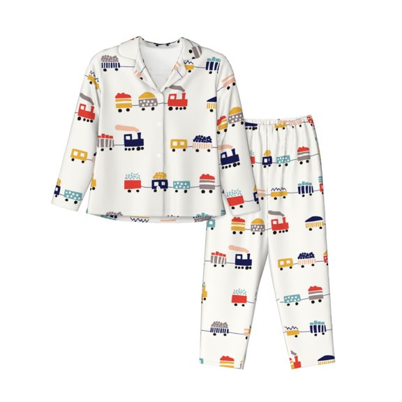Pajamas for Women Set - Colorful Trains Comfy Long Sleeve Button Up Pajama Sets for Women 2 Piece, Soft Sleepwear Nightwear Pjs Lounge Sets for Women with Pockets