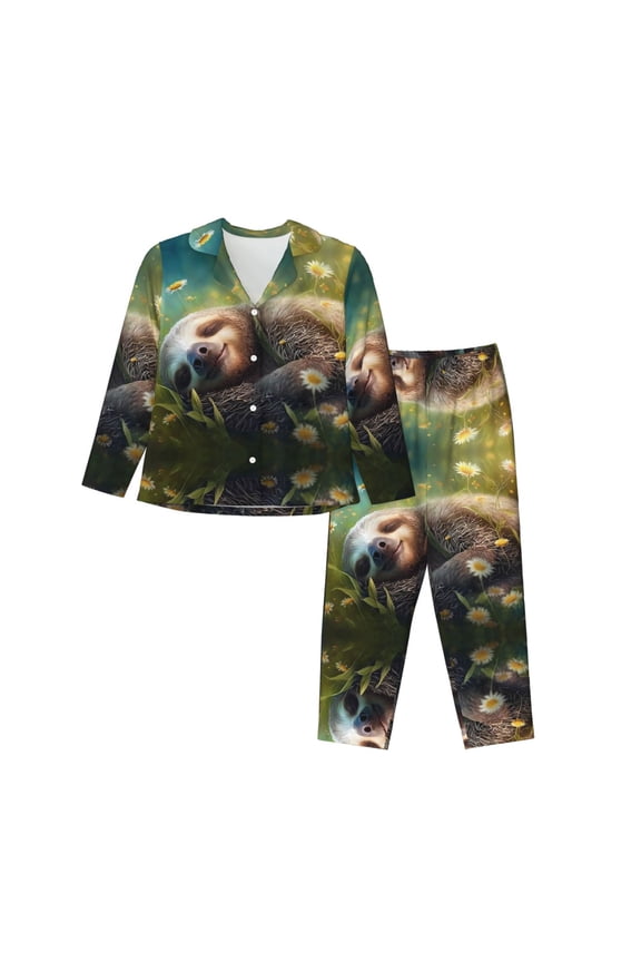 Pajamas for Women Set - Daisy Sleeping Sloth Comfy Long Sleeve Button Up Pajama Sets for Women 2 Piece, Soft Sleepwear Nightwear Pjs Lounge Sets for Women with Pockets