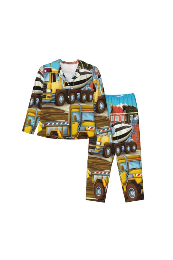Pajamas for Women Set - Different Construction Site Vehicles Comfy Long Sleeve Button Up Pajama Sets for Women 2 Piece, Soft Sleepwear Nightwear Pjs Lounge Sets for Women with Pockets