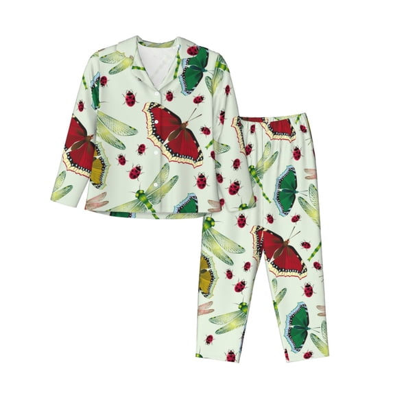 Pajamas for Women Set - Dragonfly Ladybird Butterfly Comfy Long Sleeve Button Up Pajama Sets for Women 2 Piece, Soft Sleepwear Nightwear Pjs Lounge Sets for Women with Pockets