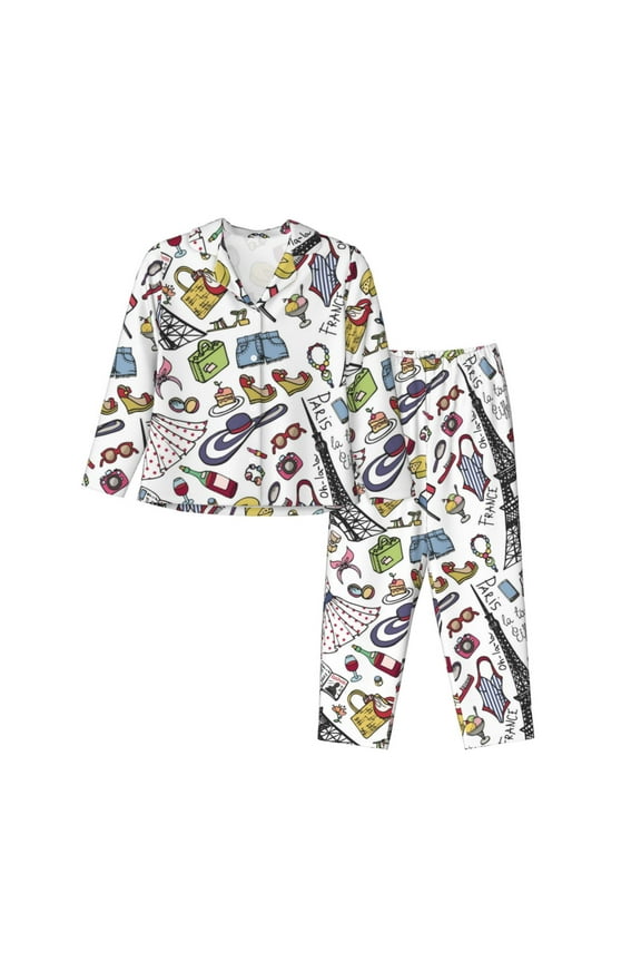 Pajamas for Women Set - Eiffel Tower Fancy Comfy Long Sleeve Button Up Pajama Sets for Women 2 Piece, Soft Sleepwear Nightwear Pjs Lounge Sets for Women with Pockets