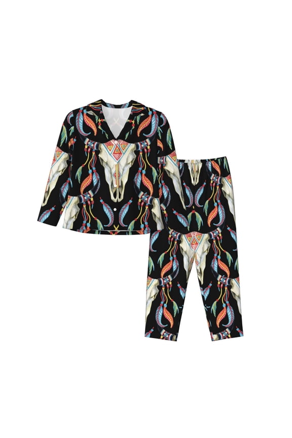 Pajamas for Women Set - Exotic buffalo skull cool Comfy Long Sleeve Button Up Pajama Sets for Women 2 Piece, Soft Sleepwear Nightwear Pjs Lounge Sets for Women with Pockets