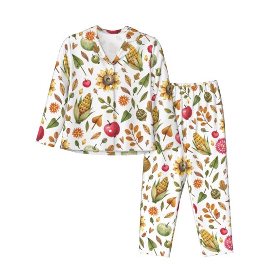 Pajamas for Women Set - Fall Fruits And Vegetables Comfy Long Sleeve Button Up Pajama Sets for Women 2 Piece, Soft Sleepwear Nightwear Pjs Lounge Sets for Women with Pockets